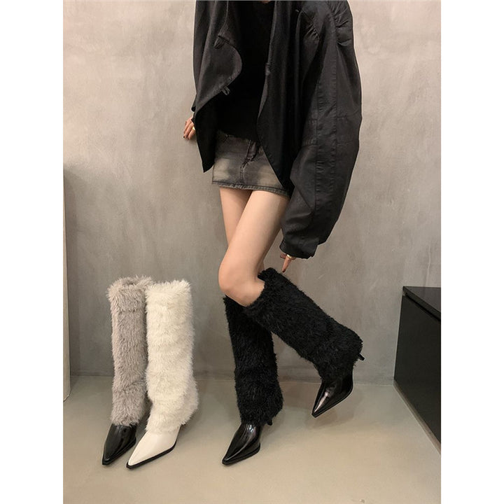 Damen spitz zulaufende Stiefel mit hohem Kunstfell‑Schaft und geformtem Kittenabsatz Drune