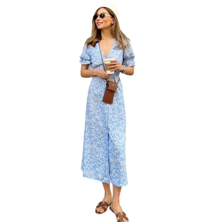 Damen Floral Midi-Kleid mit V-Ausschnitt und Rüschendetails Drune
