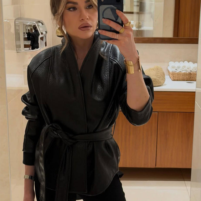 Damen Taillierte Lederjacke mit Wickelgürtel und Kimono-Kragen Drune