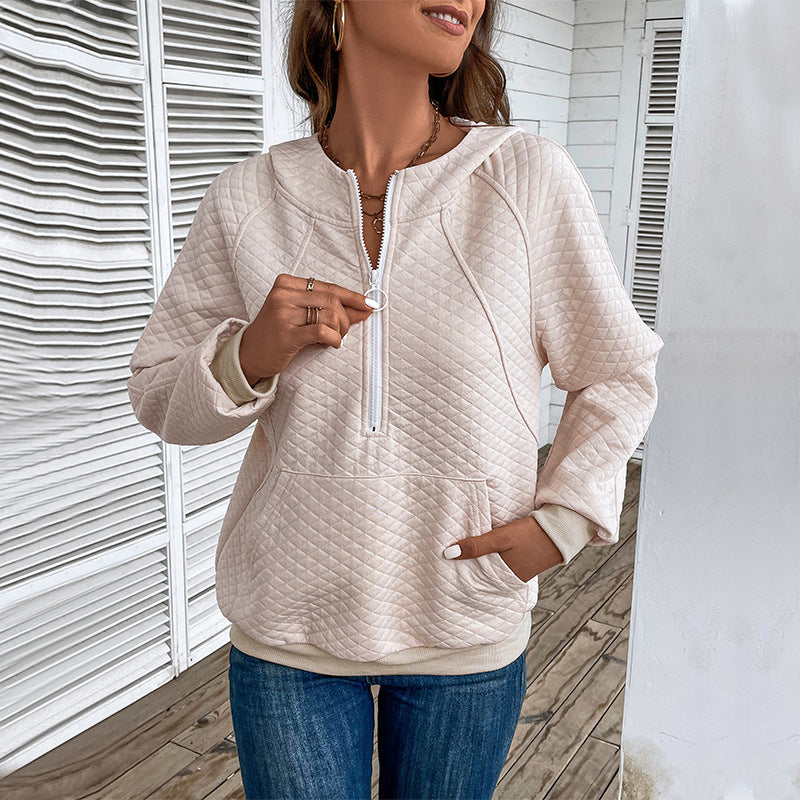 Damen Stepp-Hoodie mit halbem Reißverschluss, Kängurutasche und gesteppter Struktur Drune
