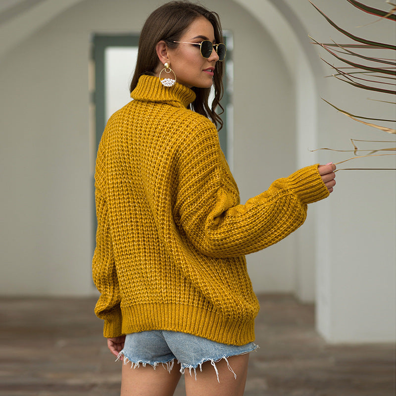 Damen Grobstrick Pullover mit hohem Kragen und strukturiertem Zopfdesign Drune