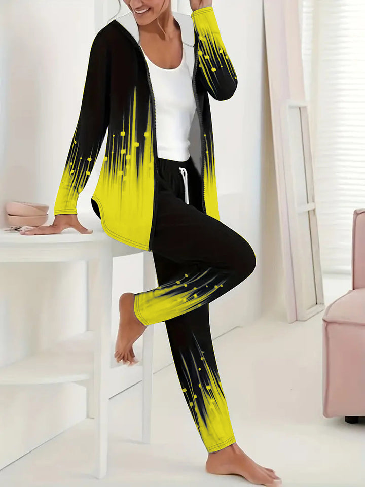 Damen Zweiteiliges Lounge-Set mit Kapuzenjacke und Tunnelzug-Jogginghose mit digitalem Verlaufprint Drune