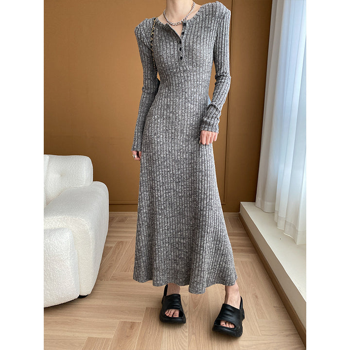 Damen langes Strickkleid mit Knopfleiste und figurbetontem Schnitt Drune