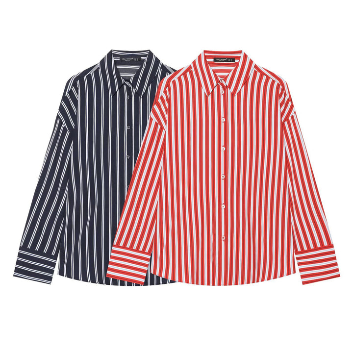 Damen Oversize-gestreifte Hemdbluse mit Kentkragen und durchgehender Knopfleiste Drune