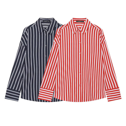 Damen Oversize-gestreifte Hemdbluse mit Kentkragen und durchgehender Knopfleiste Drune