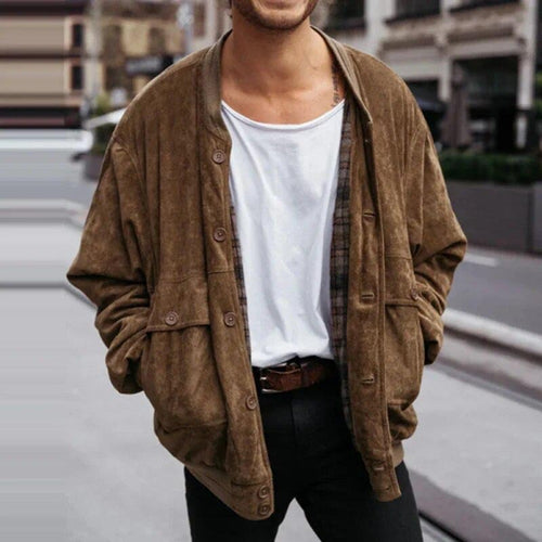 Herren Oversized Velourslederoptik Bomberjacke mit Karofutter und Knopfverschluss Drune