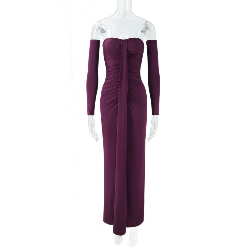Damen trägerloses Abendkleid mit langen Ärmeln und raffinierten Rüschendetails Drune