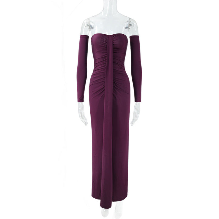 Damen trägerloses Abendkleid mit langen Ärmeln und raffinierten Rüschendetails Drune