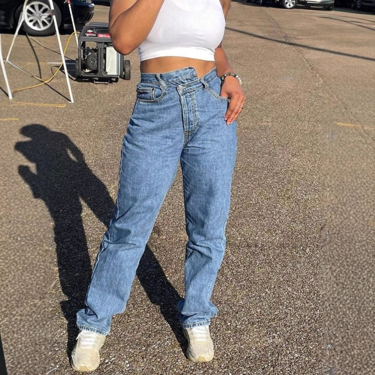 Damen Hochgeschnittene Cropped-Mom-Jeans mit asymmetrischem Bund und geradem Bein Drune