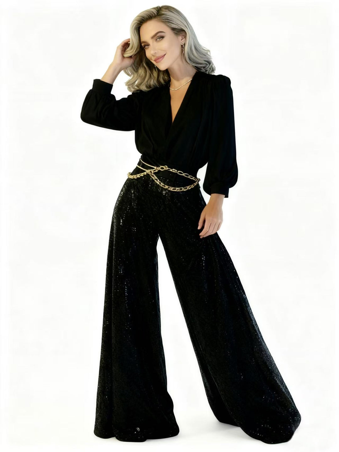 Damen Eleganter Jumpsuit mit schimmernden Pailletten und tiefem V-Ausschnitt Drune