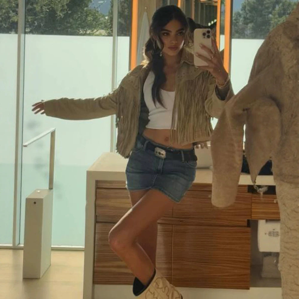Damen Kurzfransen-Suedejacke im Westernstil mit Ziernähten und Nieten Drune