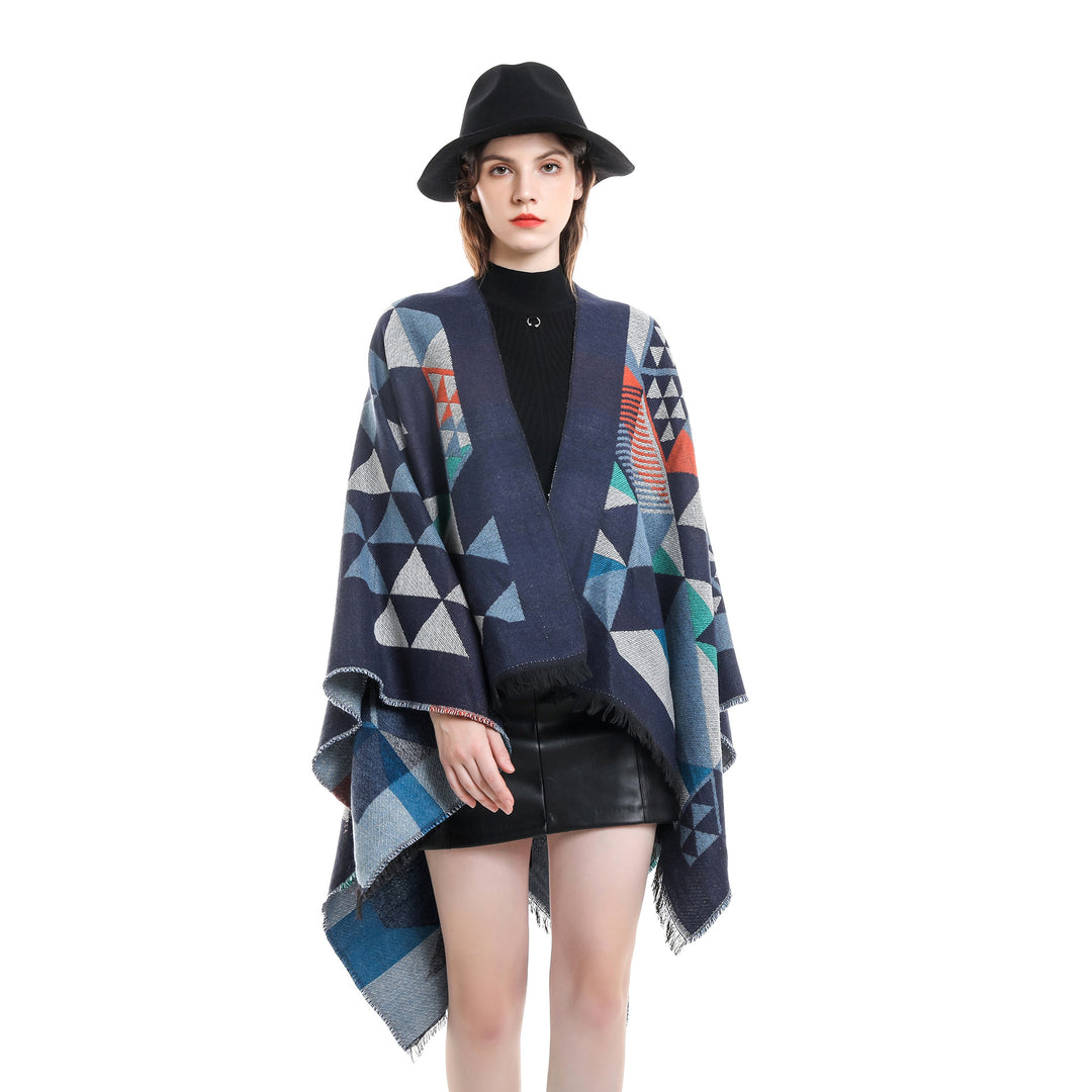 Damen Oversize-Ruana im Jacquard-Wickelstil mit dreieckigem Muster und Fransensaum Drune
