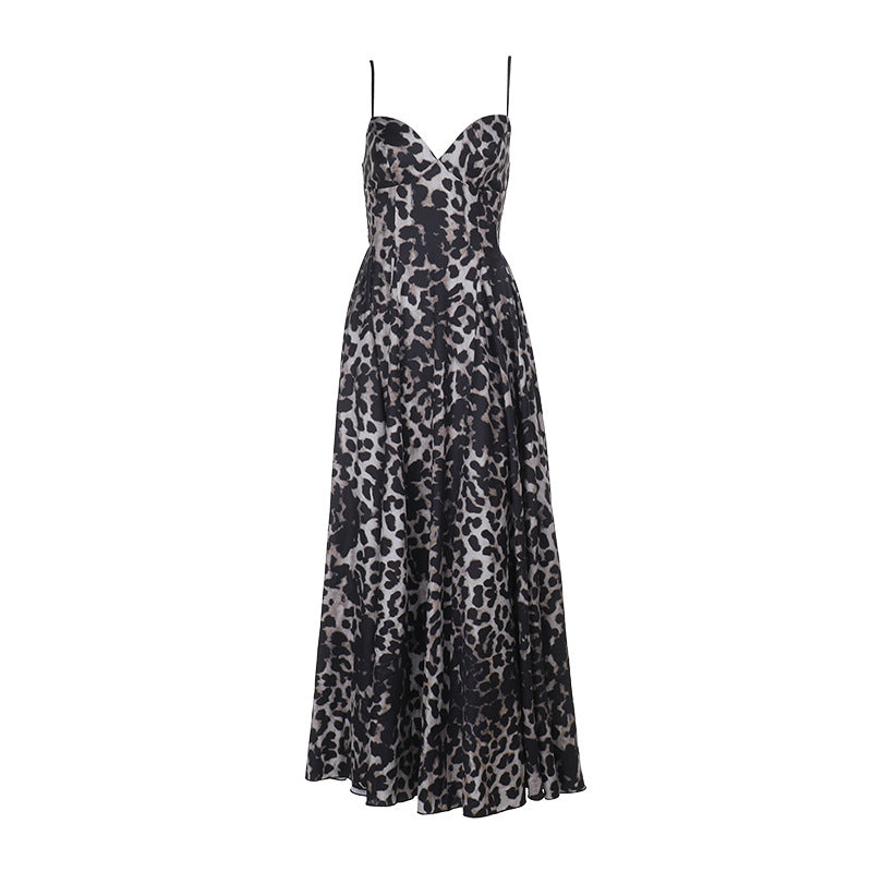 Damen Maxikleid mit tiefem V-Ausschnitt und elegantem Leopardenmuster Drune