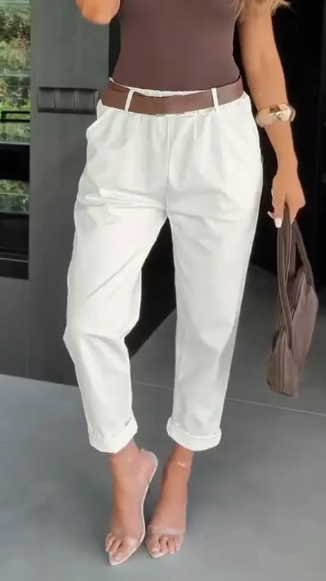Damen nan hochtaillierte Paperbag-Hose mit gerafftem Bund, Eingrifftaschen und gekrempeltem Saum Drune