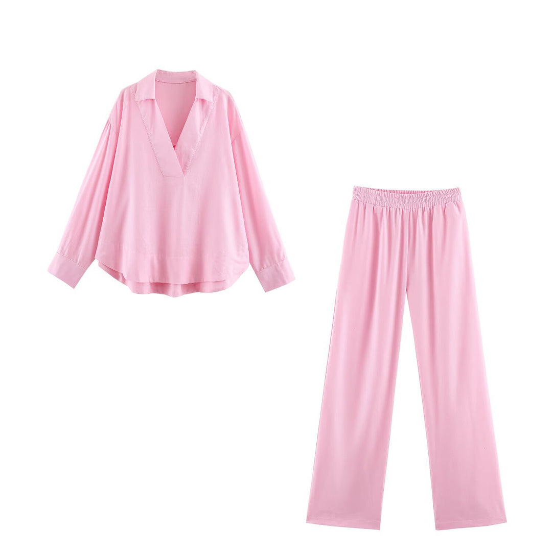 Damen Oversize Leinen-Mix Bluse mit tiefem V-Ausschnitt und Hemdkragen Drune