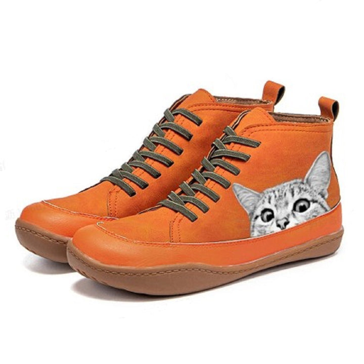 Damen nan knöchelhohe Sneaker mit niedlichem Katzenmotiv Stickerei und ergonomischem Komfortfußbett Drune