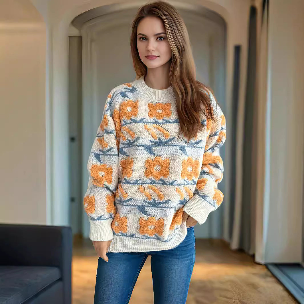 Damen Strickpullover mit floralem Muster und lässigem Schnitt Drune