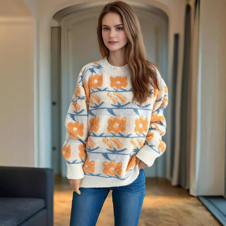 Damen kuscheliger Strickpullover mit floralen 3D-Applikationen Drune