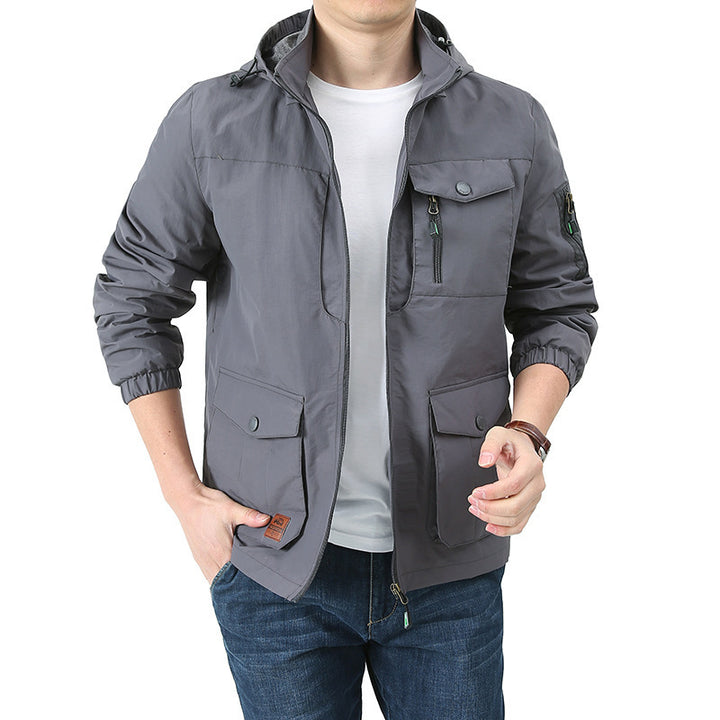 Herren wasserabweisende Kapuzen-Canvas-Fieldjacke mit verdecktem Zweiwege-Reißverschluss, elastischen Ärmelbündchen und Utility-Pattentaschen Drune