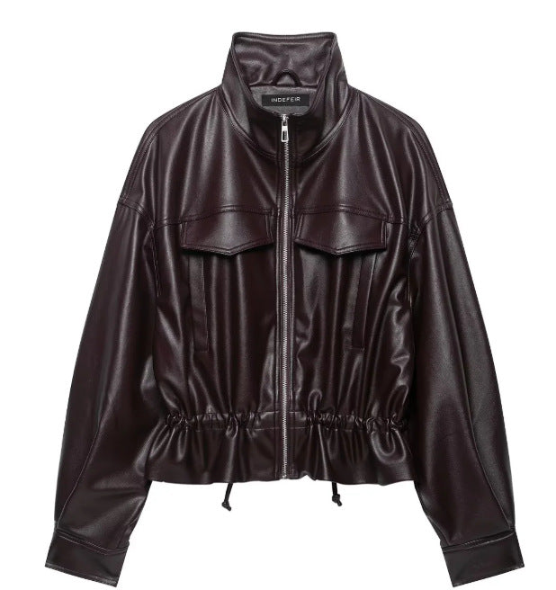 Damen Cropped Kunstleder‑Blouson mit Stehkragen, Pattentaschen und Tunnelzugtaillierung Drune
