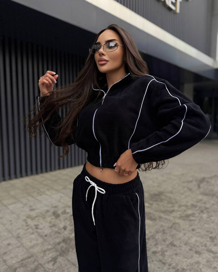 Damen lässiges Cropped Hoodie und weite Jogginghose Set Drune