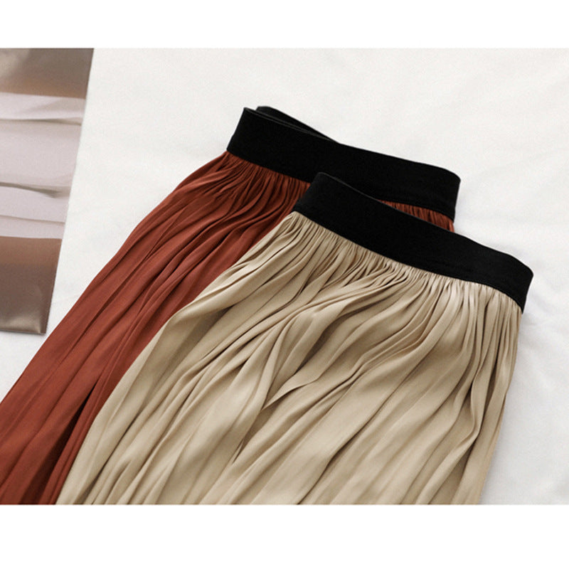 Damen plissierter Maxirock mit hoher Taille und fließendem Satinfall Drune