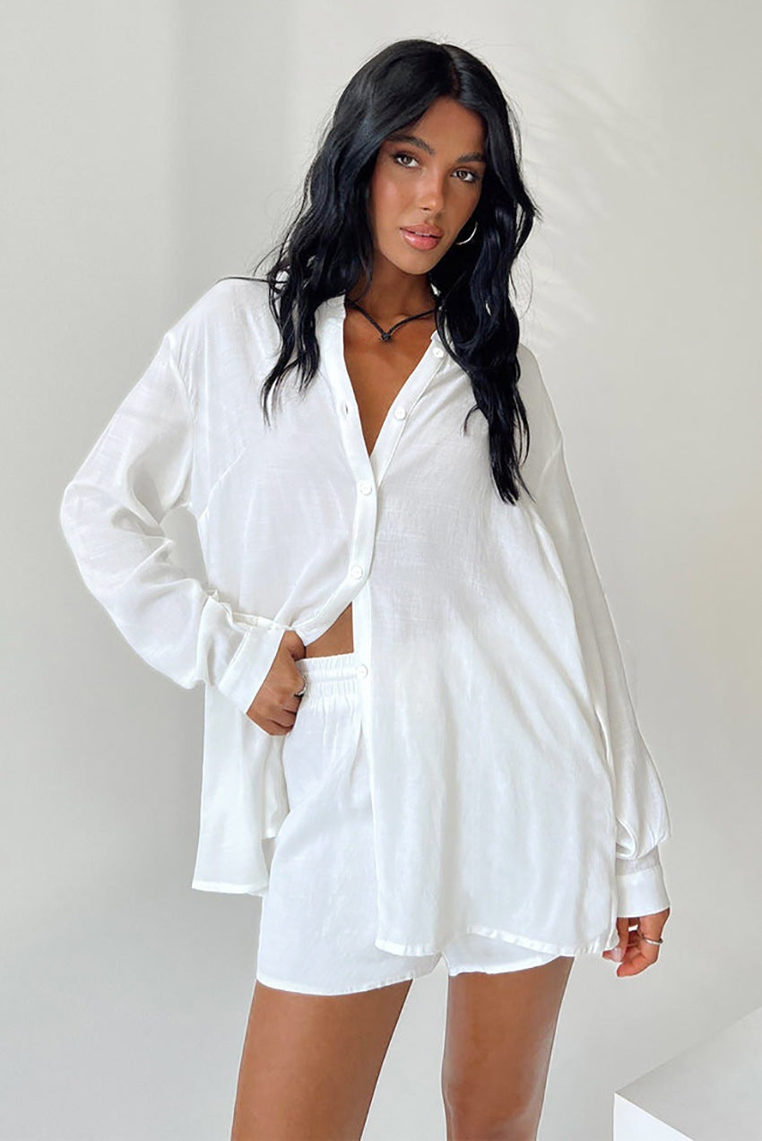 Damen Loungewear-Set mit lässiger Button-Up Bluse und komfortablen Shorts Drune