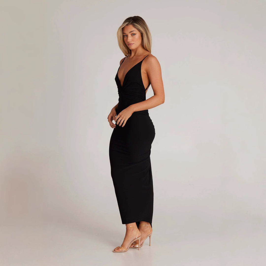Damen elegantes Maxikleid mit tiefem V-Ausschnitt und zarten Spaghetti-Trägern Drune