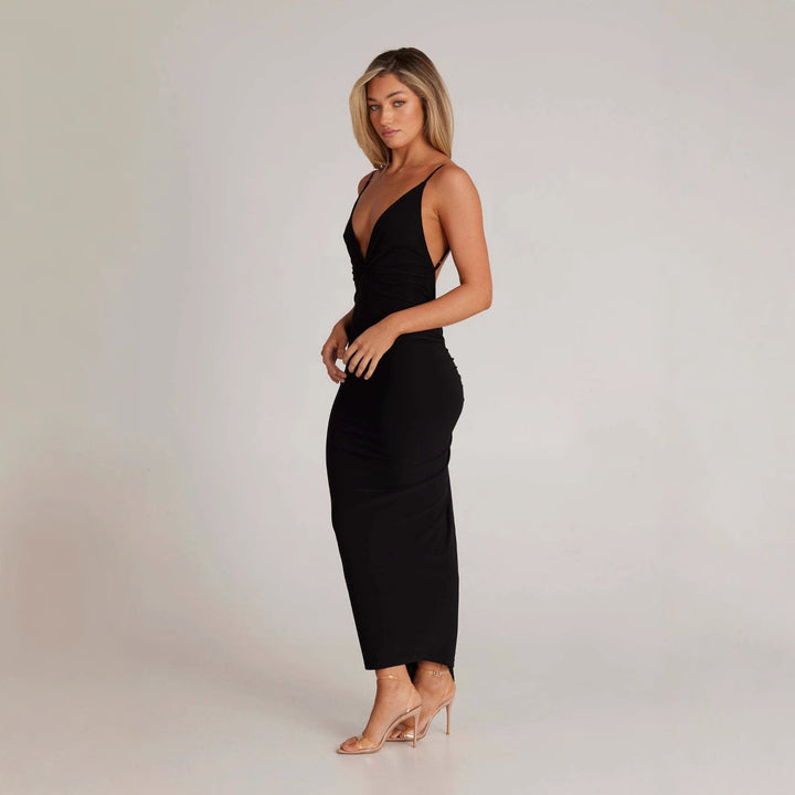 Damen elegantes Maxikleid mit tiefem V-Ausschnitt und zarten Spaghetti-Trägern Drune