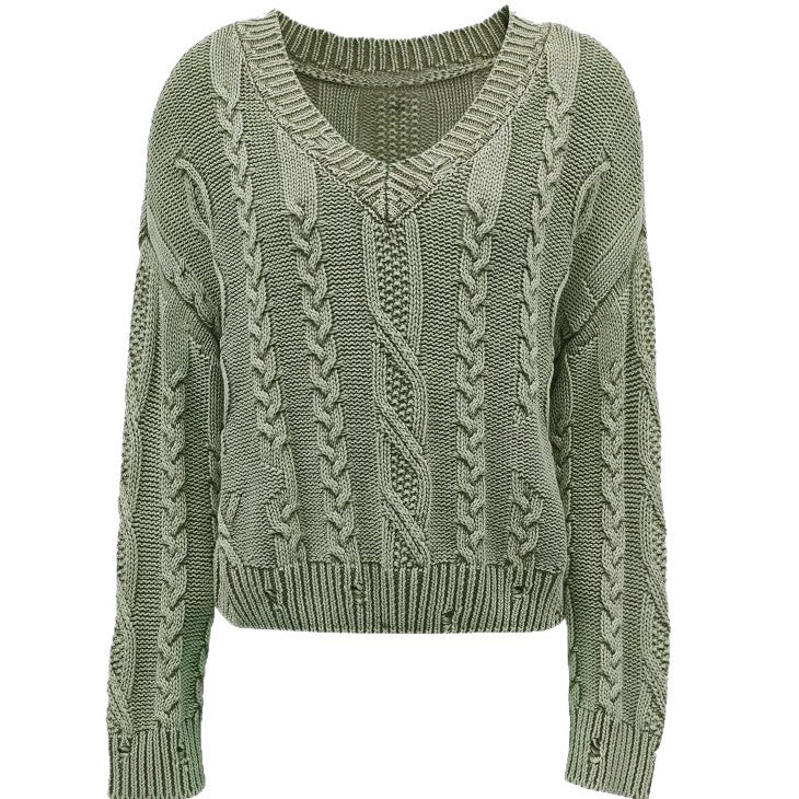 Damen kuscheliger Grobstrickpullover mit V-Ausschnitt und Zopfdesign Drune