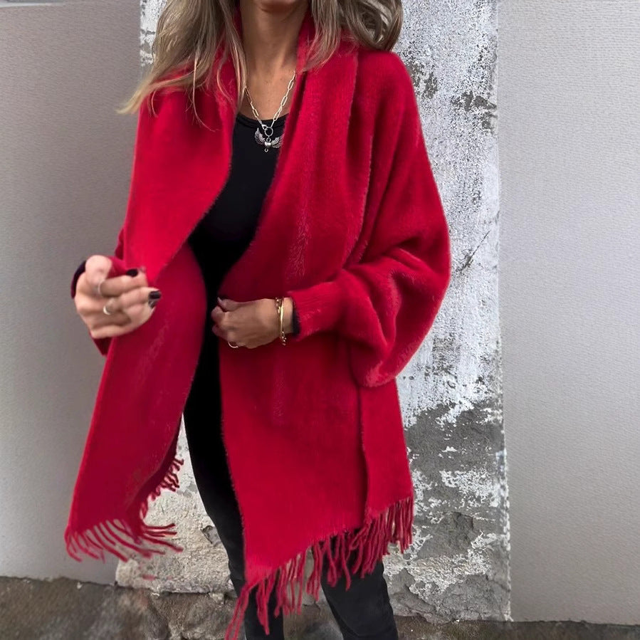 Damen nan langer kuscheliger Fransen-Cardigan mit Schalkragen und Oversize-Passform Drune