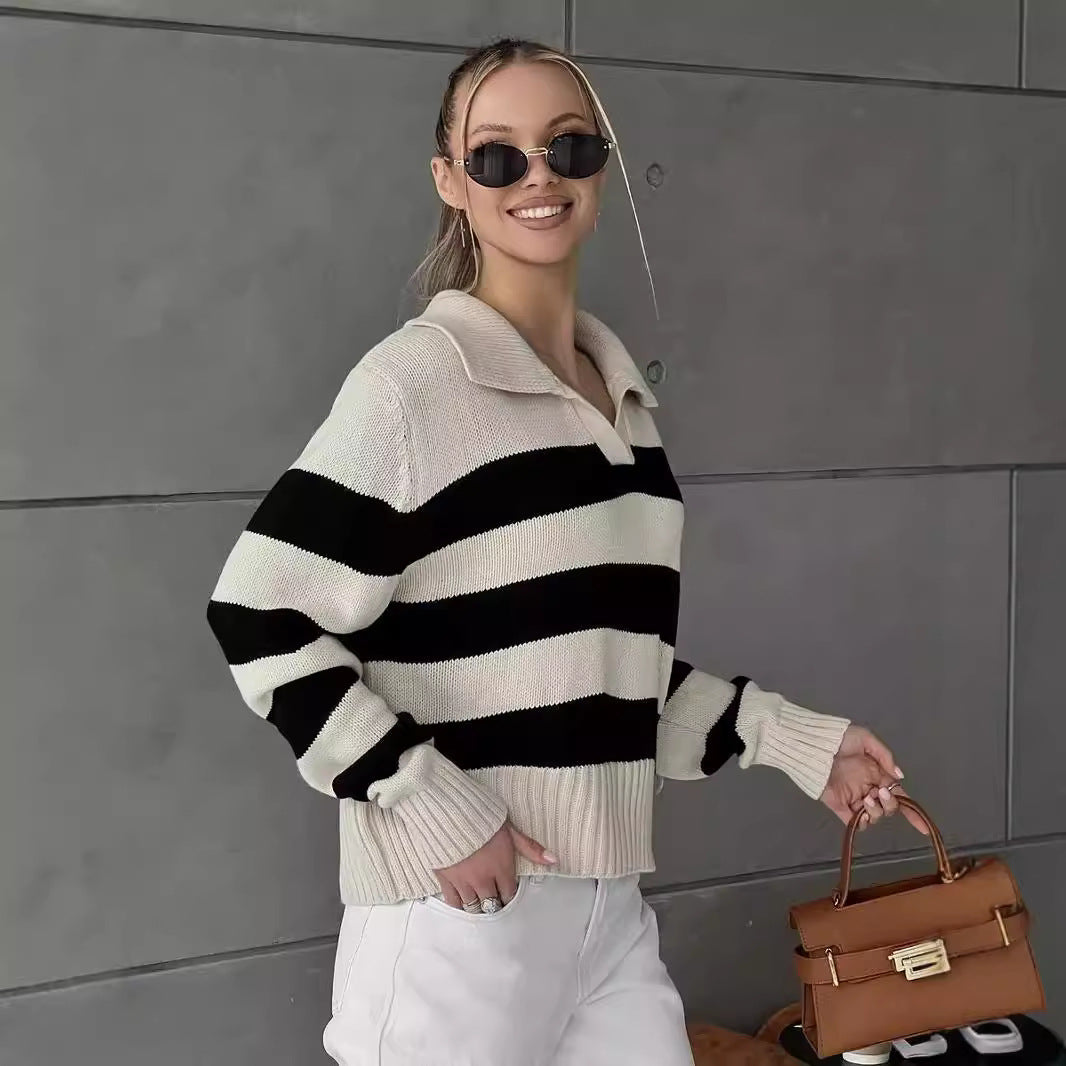 Damen sportlicher Pullover mit Streifenmuster und Kragen Drune