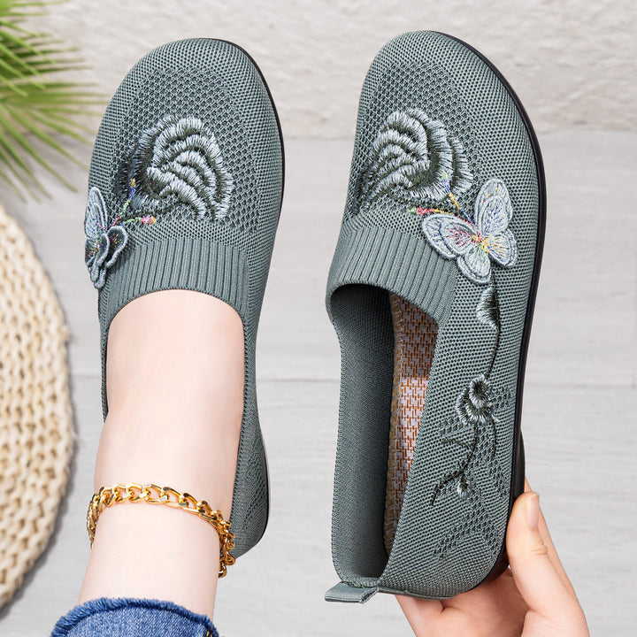 Damen nan bestickter Strick-Slipper mit sockenähnlichem Einstieg, floralem Stickmotiv und gedämpfter Leichtsohle Drune