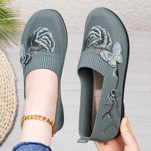Damen nan bestickter Strick-Slipper mit sockenähnlichem Einstieg, floralem Stickmotiv und gedämpfter Leichtsohle Drune
