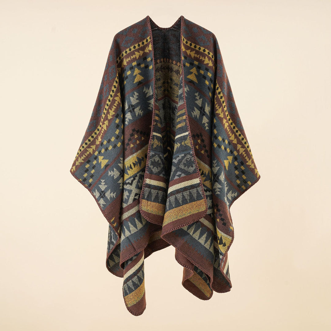 Damen Oversize Strickponcho mit Ethno-Geometrischem Muster Drune