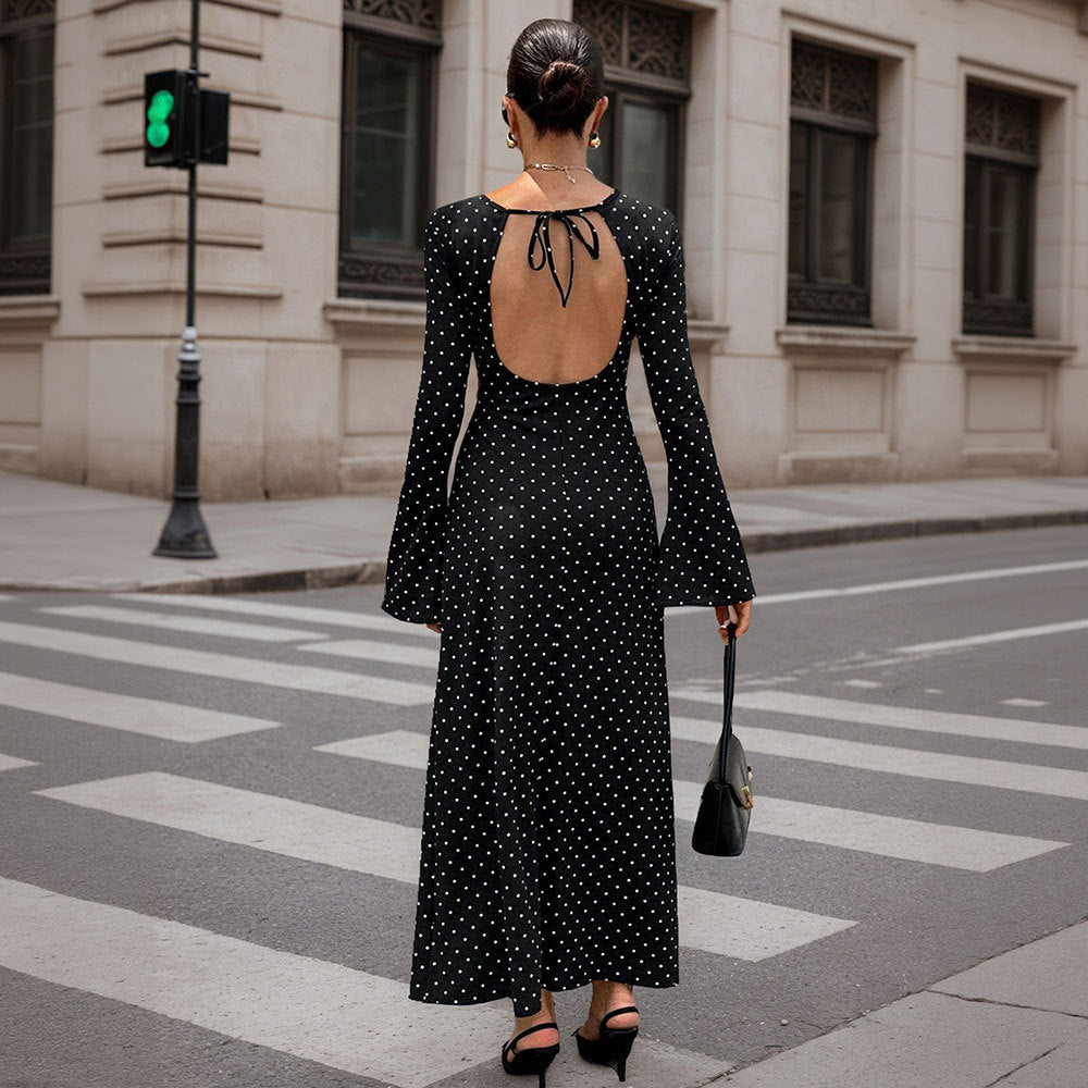 Damen elegantes Polka‑Dot Maxikleid mit tailliertem Oberteil, Trompetenärmeln und fließendem A‑Linien‑Rock Drune
