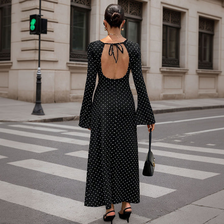Damen elegantes Polka‑Dot Maxikleid mit tailliertem Oberteil, Trompetenärmeln und fließendem A‑Linien‑Rock Drune