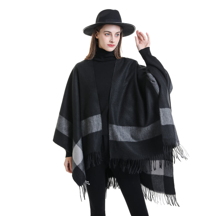 Damen Wollmix‑Schulterponcho mit Fransensaum und kontrastierenden Blockstreifen Drune