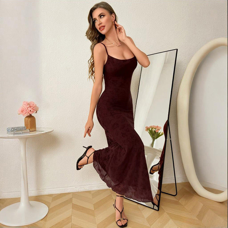 Damen Elegantes bodenlanges Spitzenkleid mit Spaghettiträgern Drune