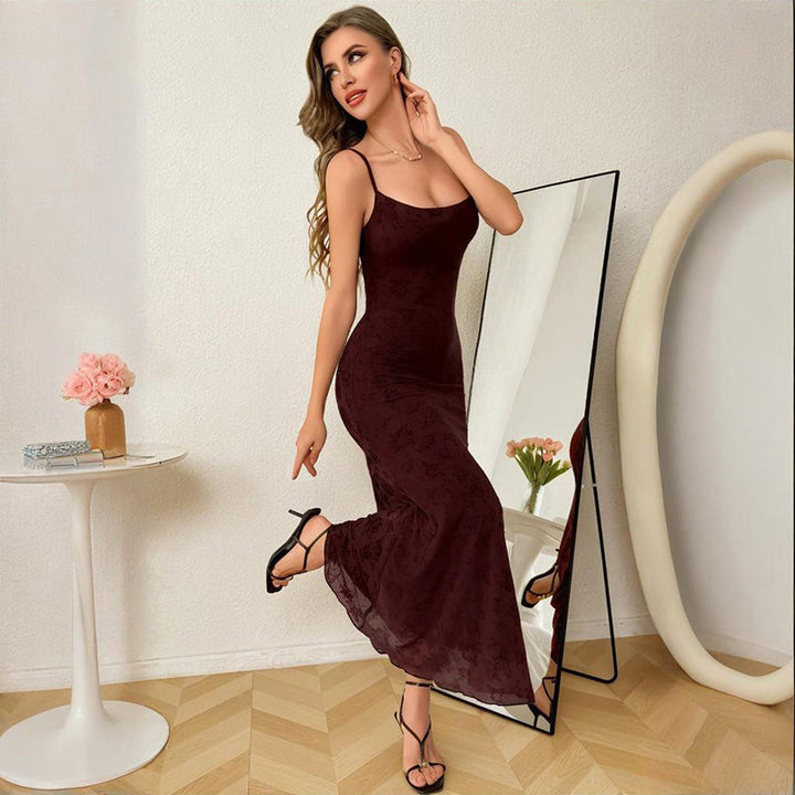 Damen Elegantes bodenlanges Spitzenkleid mit Spaghettiträgern Drune