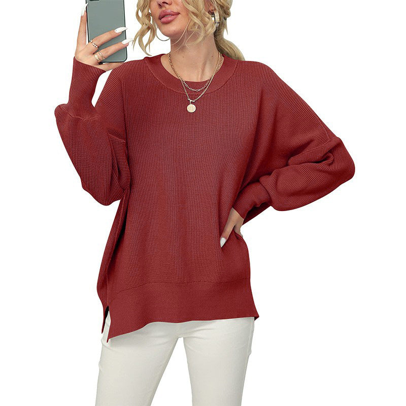 Damen Oversize-Feinstrickpullover mit Rundhalsausschnitt, überschnittener Schulter und Seitenschlitzen Drune