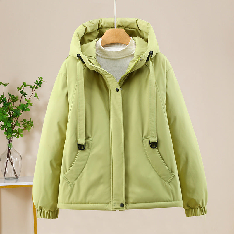 Damen Kurze Thermo-Kapuzenjacke mit Tunnelzug, Winddichter Außenhülle und elastischen Bündchen Drune