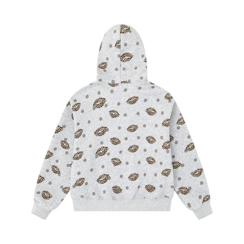 Damen Reißverschluss-Hoodie im Casual-Look mit Lippen‑Motiv und Punktmuster Drune