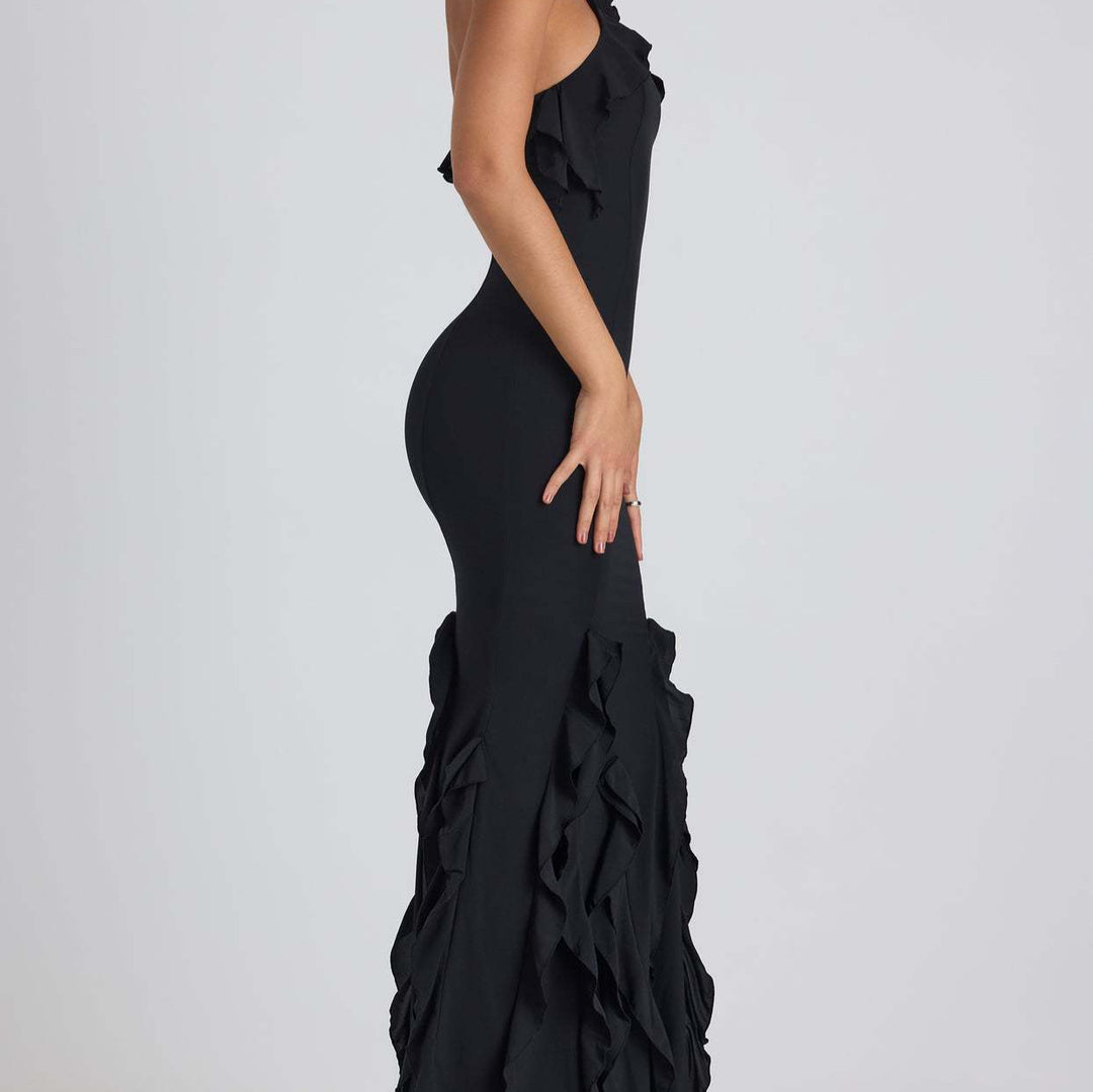 Damen Exklusives Maxikleid mit asymmetrischem Rüschenverlauf und elegantem Schnitt Drune