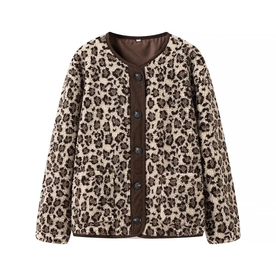 Damen nan Teddyjacke mit Leopardenmuster Knopfverschluss und Kordbesatz Drune
