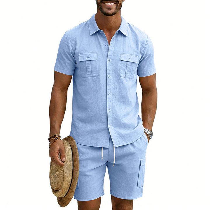 Herren nan sommerliches Freizeitset aus Baumwoll-Leinenmix mit Kurzarm-Hemd und Cargo-Shorts Drune