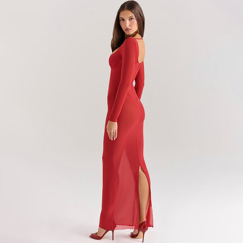 Damen transparentes Maxikleid mit figurformendem Schnitt Drune