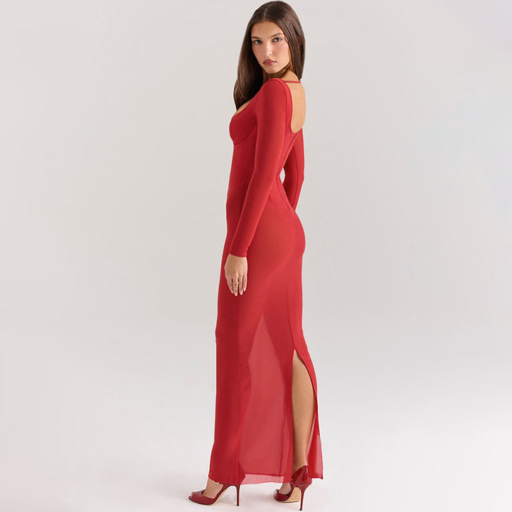 Damen transparentes Maxikleid mit figurformendem Schnitt Drune