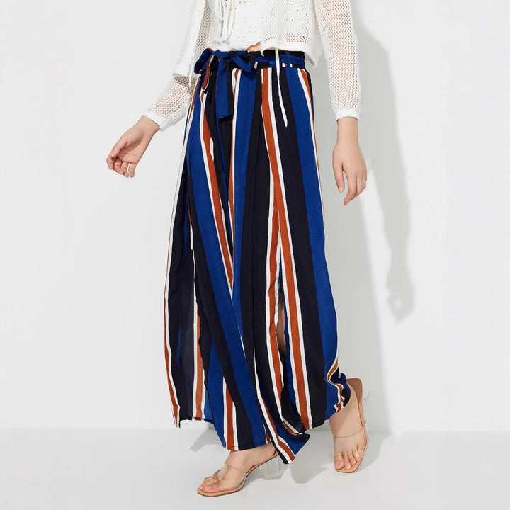 Damen weite Palazzo-Hose mit stylischem Bindegürtel und modernem Streifenmuster Drune