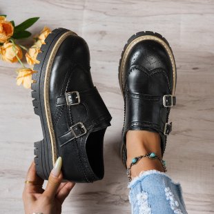 Damen Brogue-Monk-Slipper mit doppeltem Schnallenverschluss, gesteppter Kante und grober Profilsohle Drune